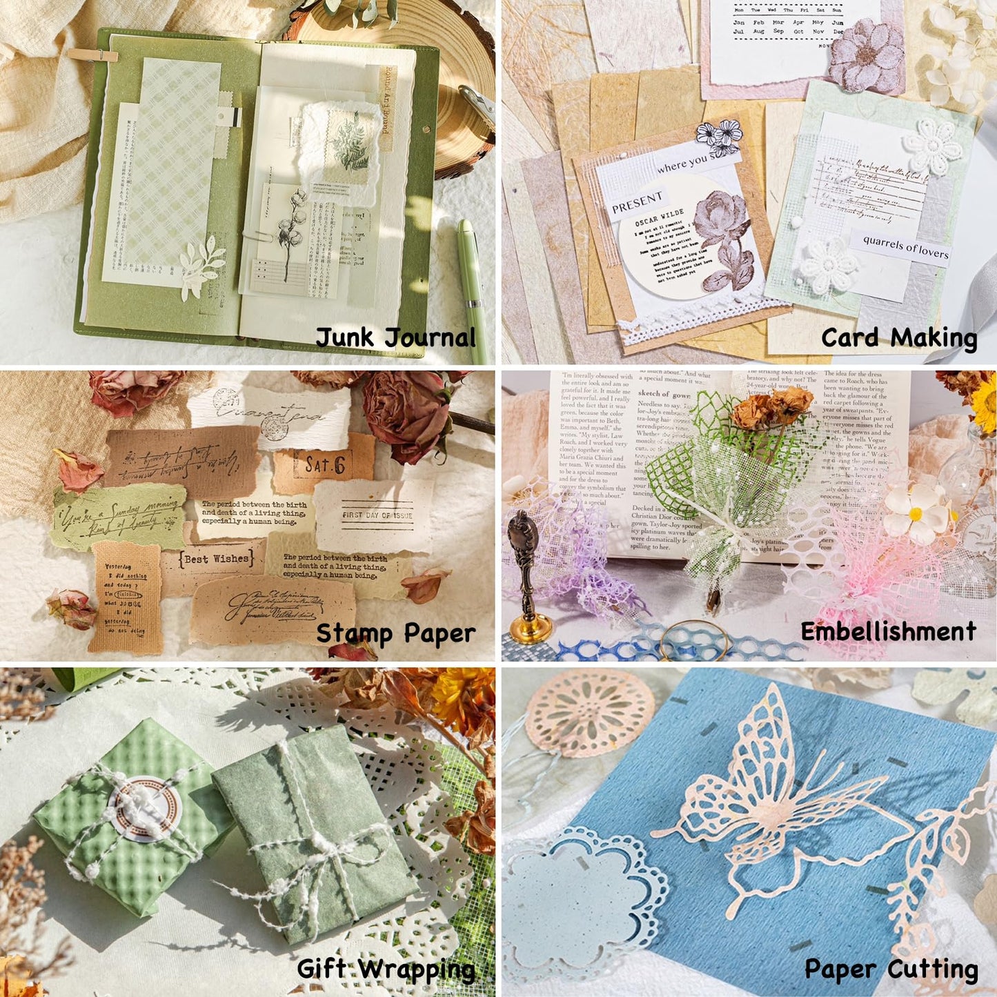Azalea Marketplace Picks 🌺: 96 Sheets Textured Scrapbook Paper and Mesh Fabric Assorted Set - 6 Pack Mixed Special Paper for Scrapbooking Planner Bullet Junk Journal Supplies Mixed Media Collage Card Embellishments 3.9x5.5 Inch