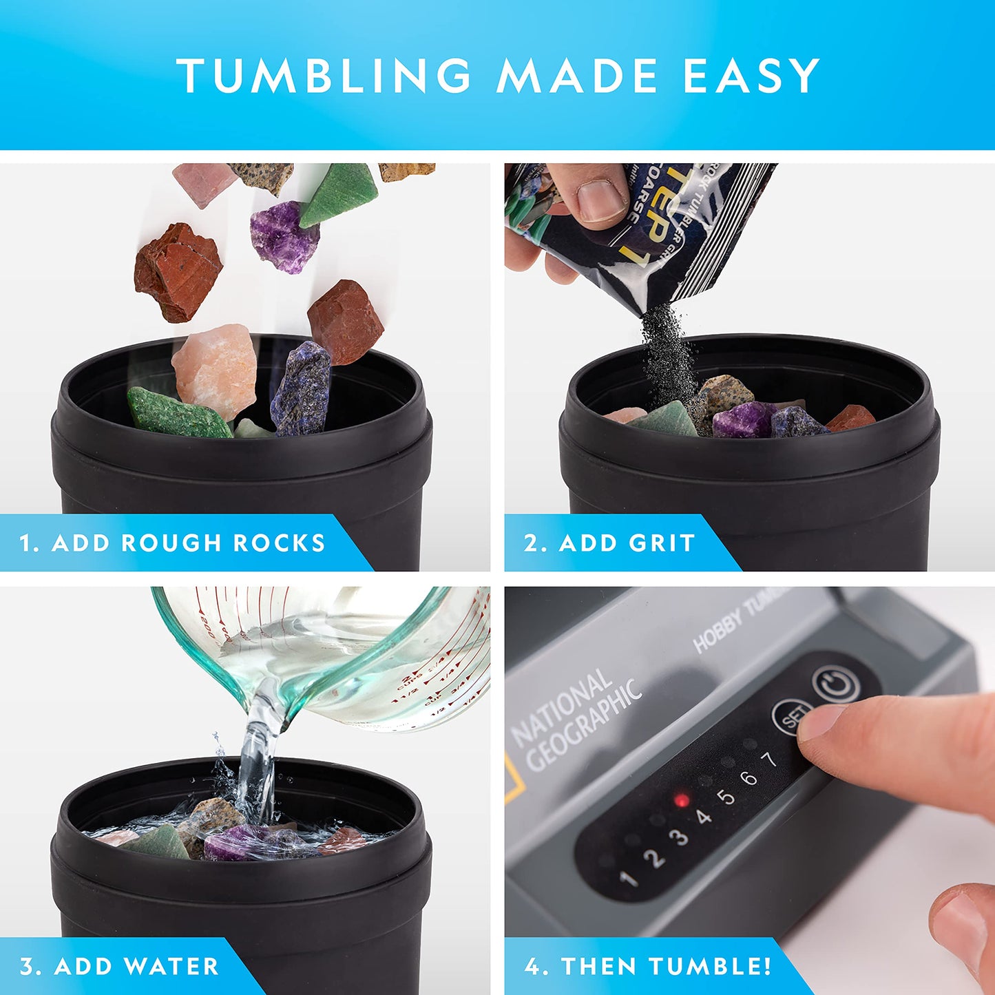 Azalea Marketplace Picks 🌺: Blue Marble National Geographic Rock Tumbler Kit – Hobby Edition Includes Rough Gemstones, and 4 Polishing Grits