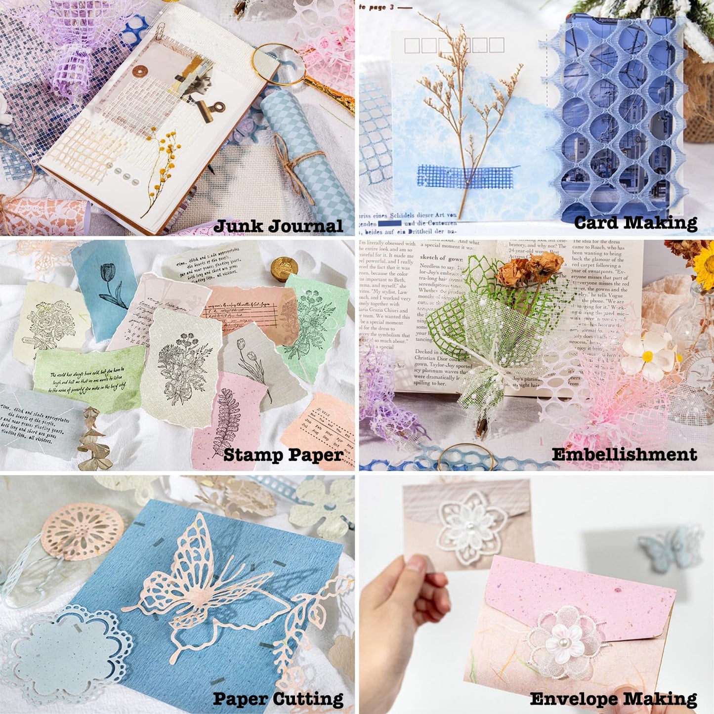 Azalea Marketplace Picks 🌺: 96 Sheets Textured Scrapbook Paper and Mesh Fabric Assorted Set - 6 Pack Mixed Special Paper for Scrapbooking Planner Bullet Junk Journal Supplies Mixed Media Collage Card Embellishments 3.9x5.5 Inch