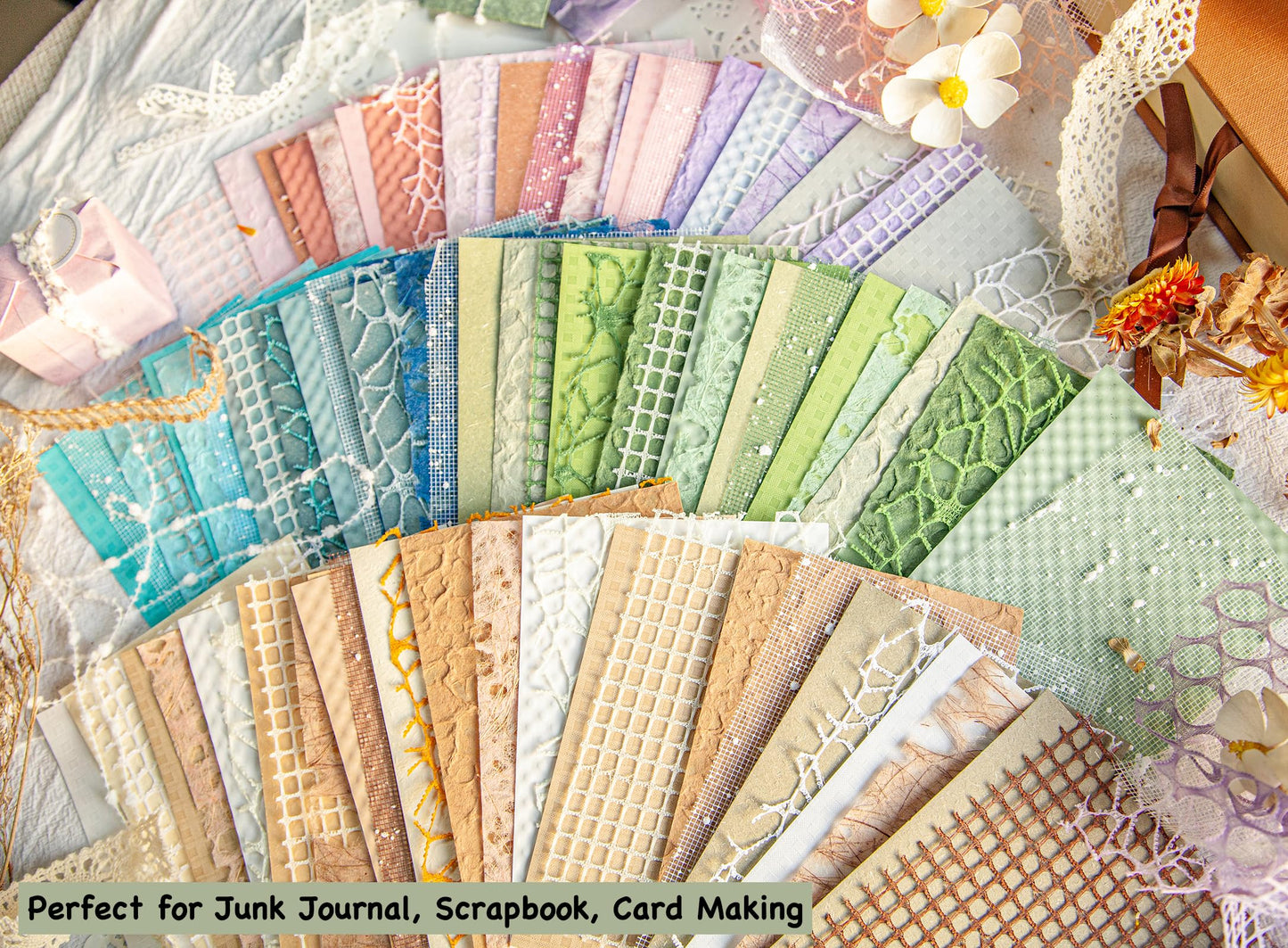 Azalea Marketplace Picks 🌺: 96 Sheets Textured Scrapbook Paper and Mesh Fabric Assorted Set - 6 Pack Mixed Special Paper for Scrapbooking Planner Bullet Junk Journal Supplies Mixed Media Collage Card Embellishments 3.9x5.5 Inch