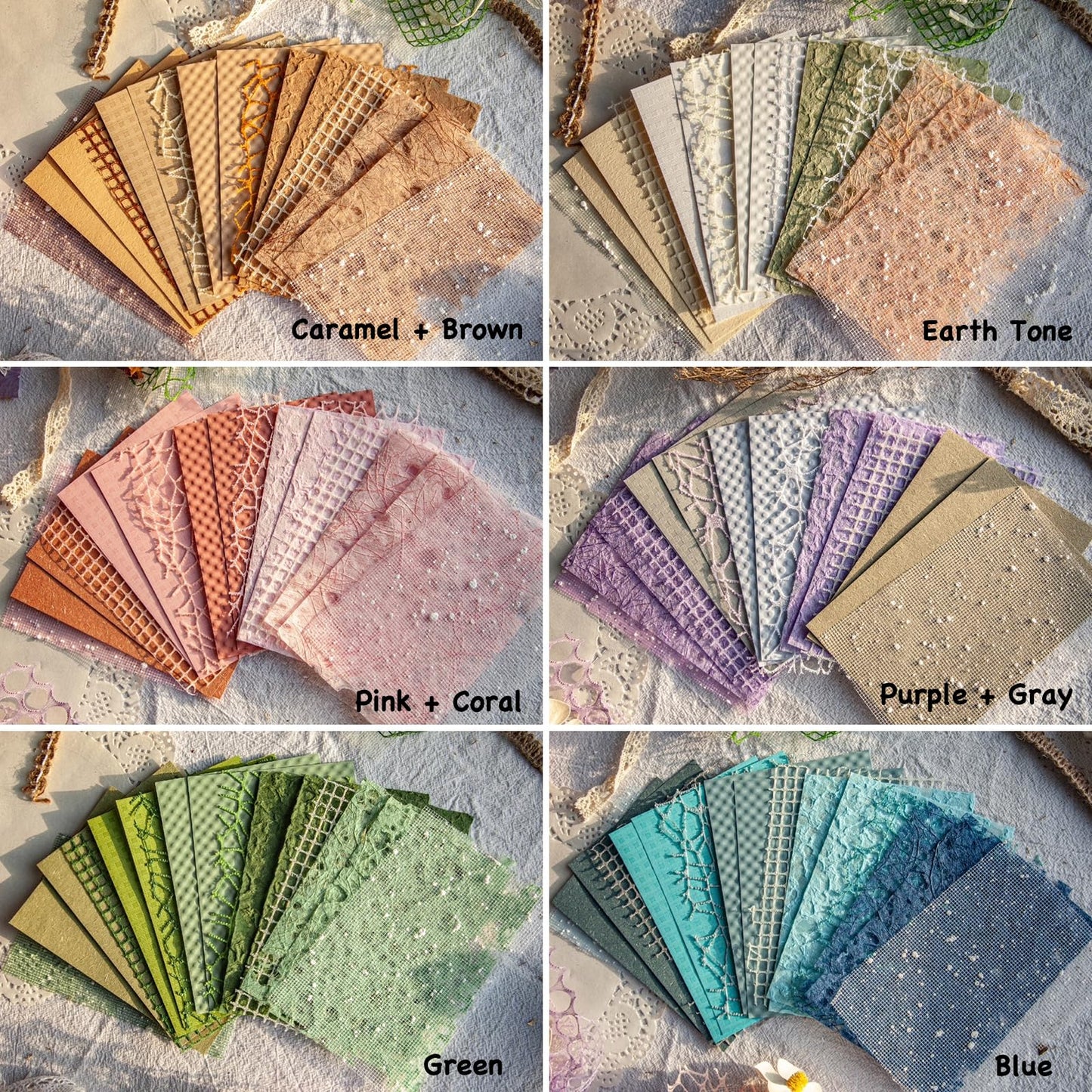 Azalea Marketplace Picks 🌺: 96 Sheets Textured Scrapbook Paper and Mesh Fabric Assorted Set - 6 Pack Mixed Special Paper for Scrapbooking Planner Bullet Junk Journal Supplies Mixed Media Collage Card Embellishments 3.9x5.5 Inch