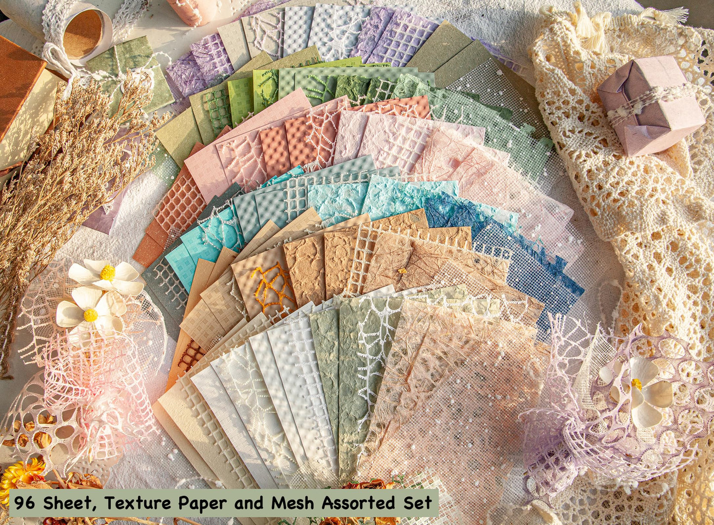 Azalea Marketplace Picks 🌺: 96 Sheets Textured Scrapbook Paper and Mesh Fabric Assorted Set - 6 Pack Mixed Special Paper for Scrapbooking Planner Bullet Junk Journal Supplies Mixed Media Collage Card Embellishments 3.9x5.5 Inch
