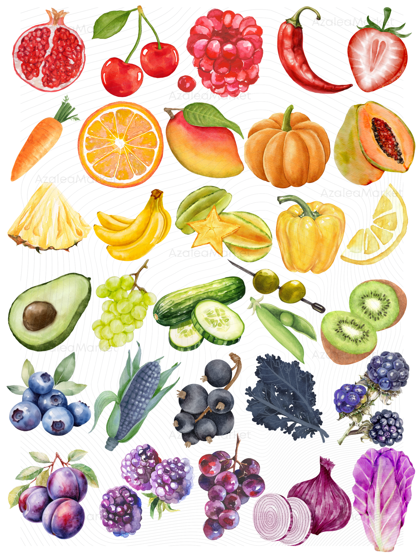 Illustration of various fruits and vegetables arranged in a grid.