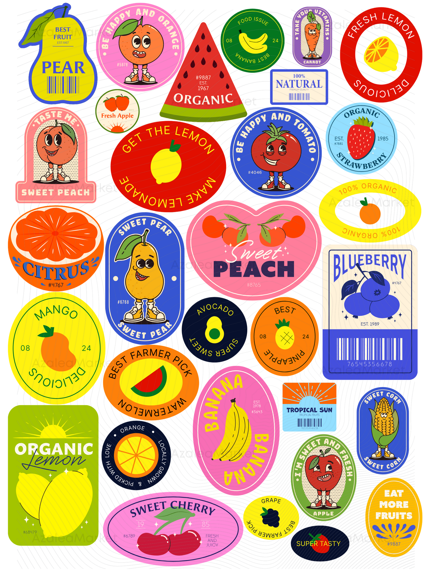 Fruit & Veggie Sticker Digital Art Prints | Printable Produce Digital Art